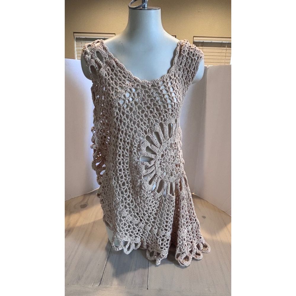 Crochet Boho Asymmetrical Sunburst Vest Beige Sleeveless Open Knit Boho Hippie